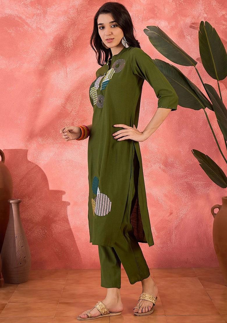 Green Embroidered Blended Kurta Set - Indya