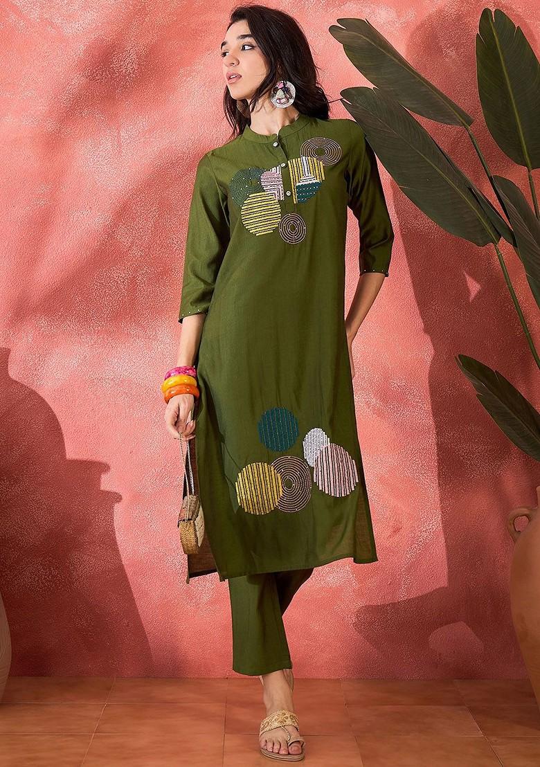 Green Embroidered Blended Kurta Set - Indya