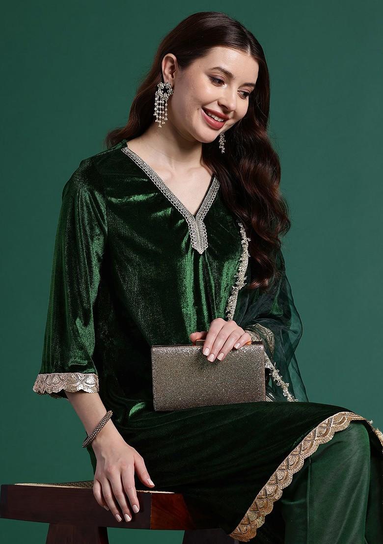 Green Solid Blended Kurta Set