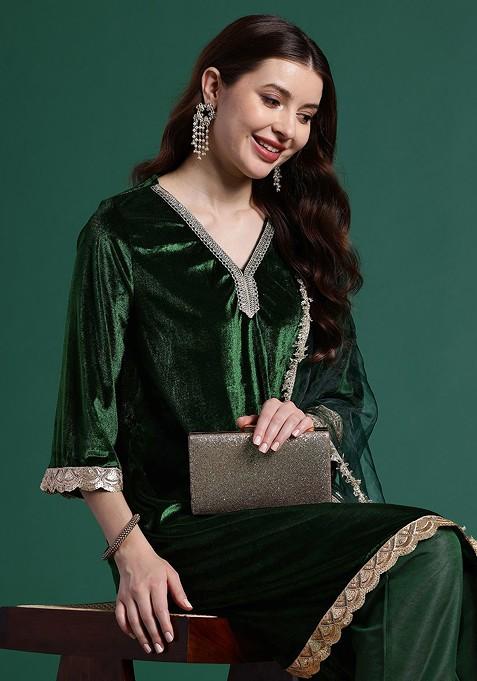 Green Solid Blended Kurta Set