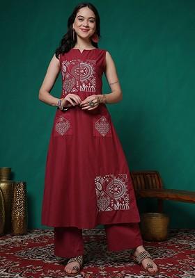 Maroon Embroidered Blended Kurta Set