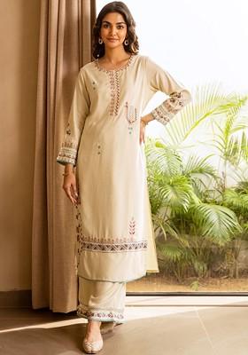 Cream Embroidered Blended Kurta Set
