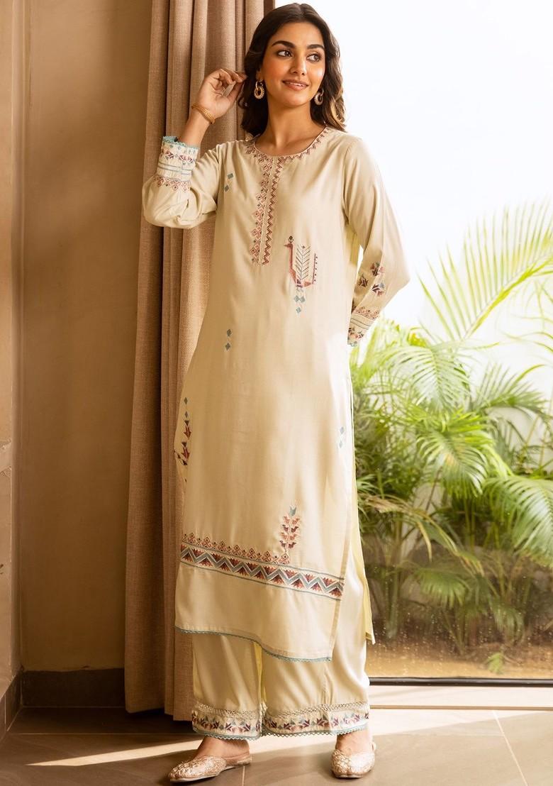 Cream Embroidered Blended Kurta Set - Indya