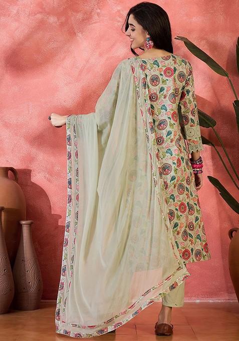 Green Embroidered Blended Kurta Set