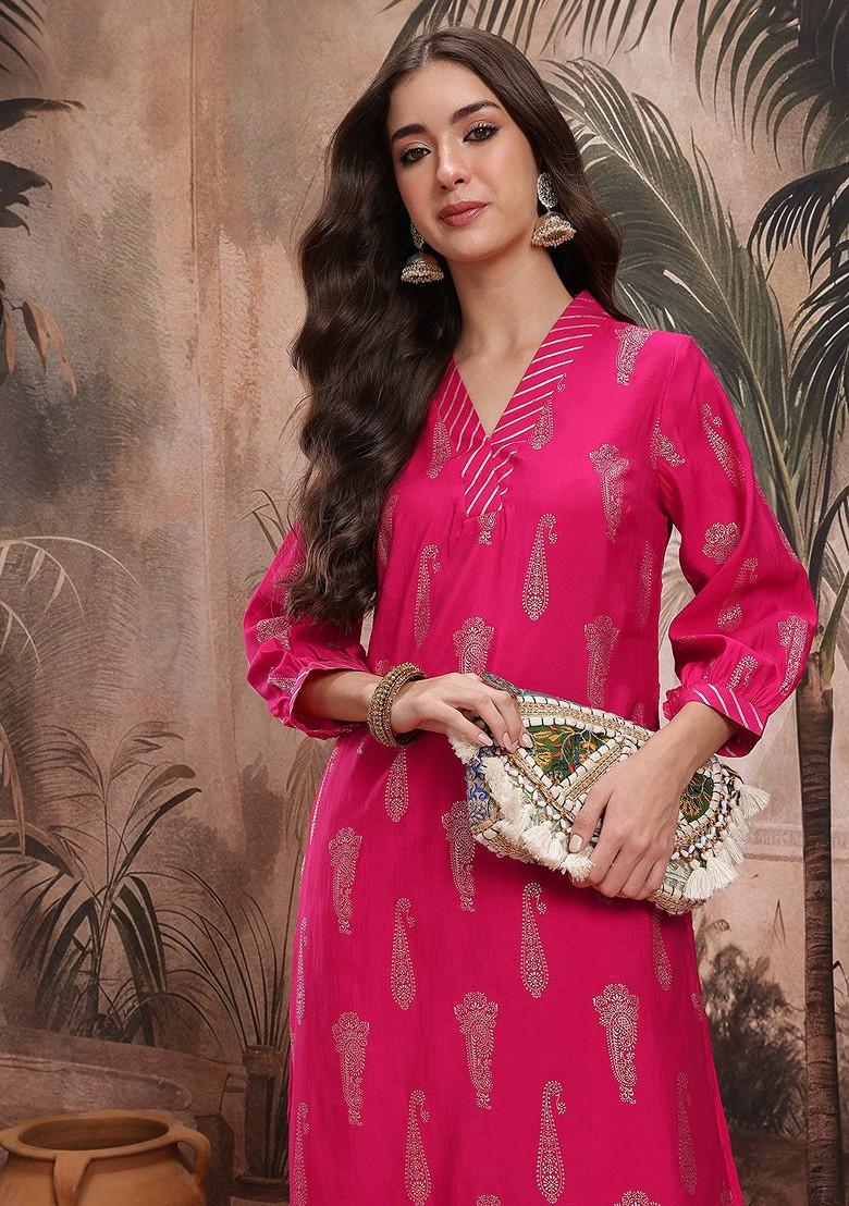 Fuchsia Printed Blended Kurta Set - Indya