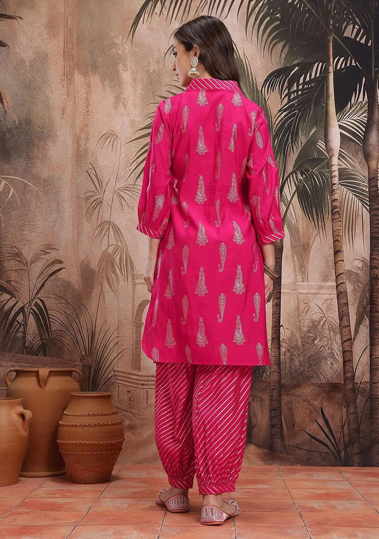 Fuchsia Printed Blended Kurta Set - Indya