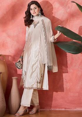 Cream Embroidered Blended Kurta Set