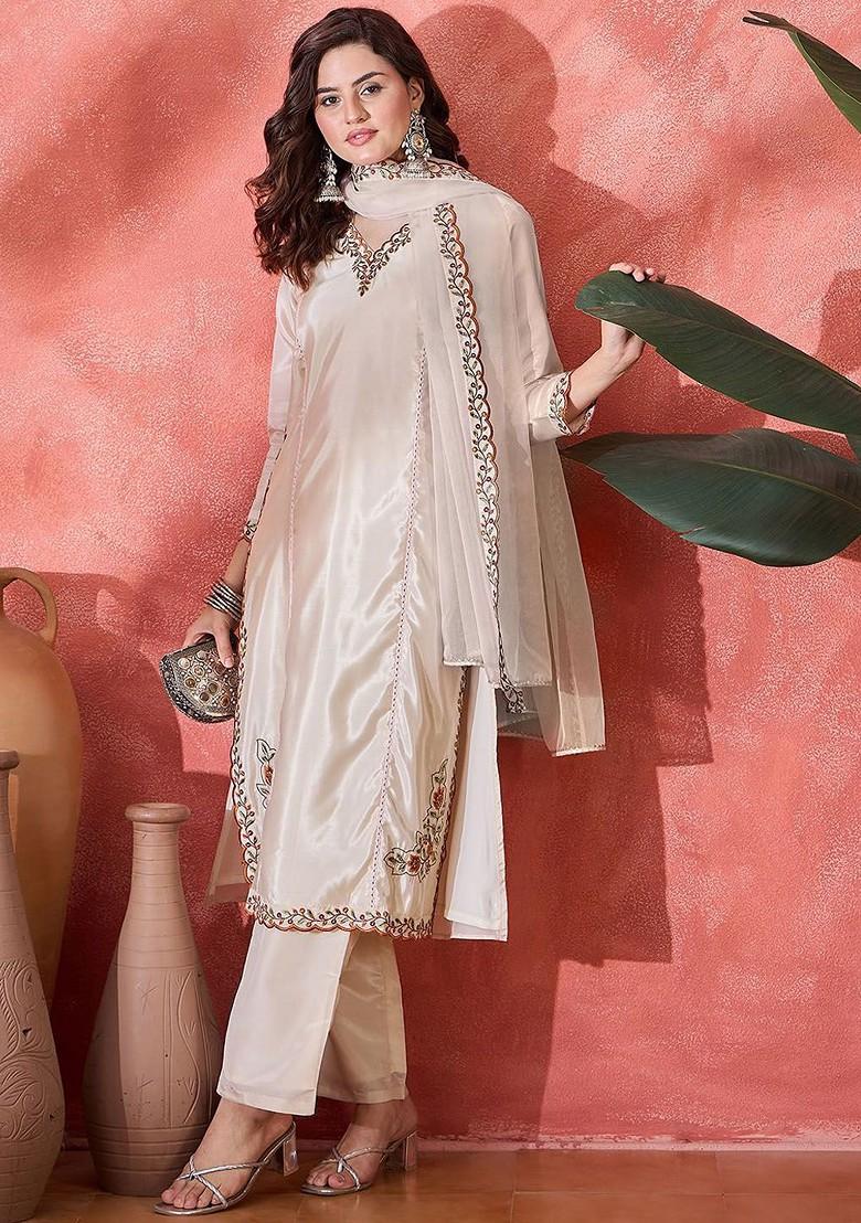 Cream Embroidered Blended Kurta Set - Indya