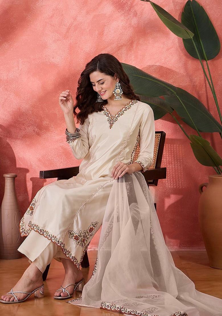 Cream Embroidered Blended Kurta Set - Indya