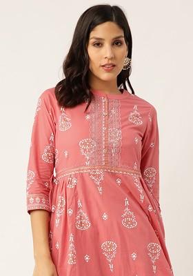 Pink Embroidered Blended Kurta Set