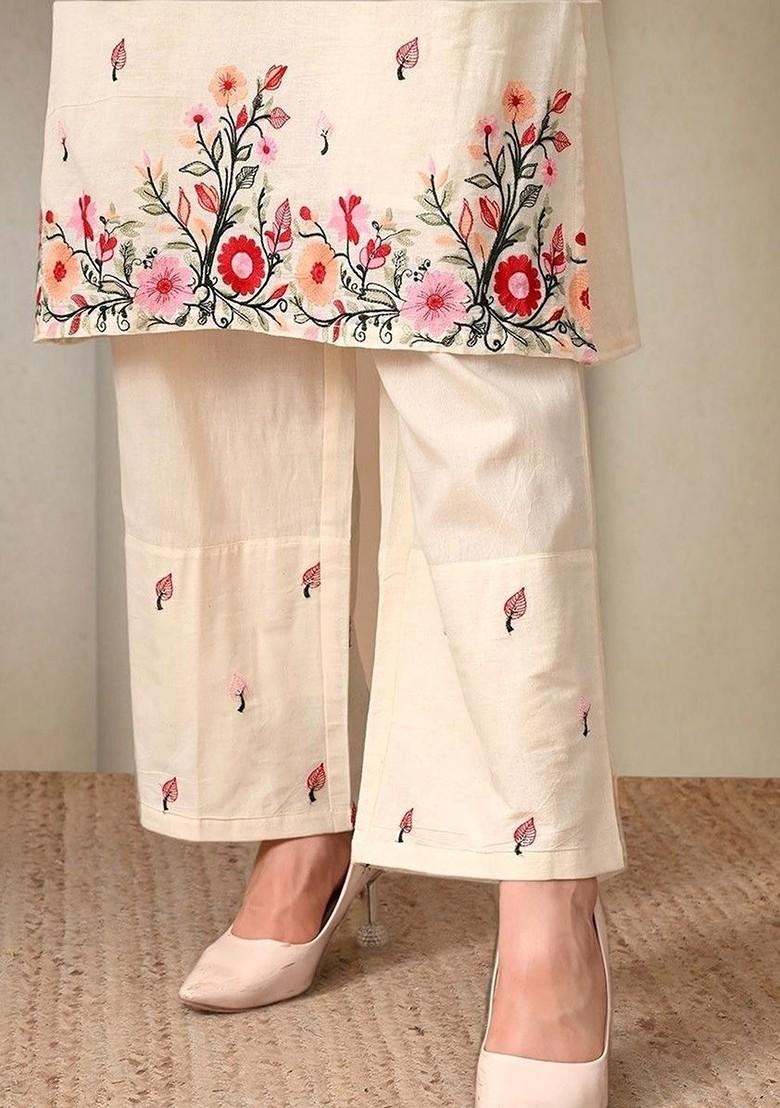Off White Embroidered Blended Kurta Set - Indya