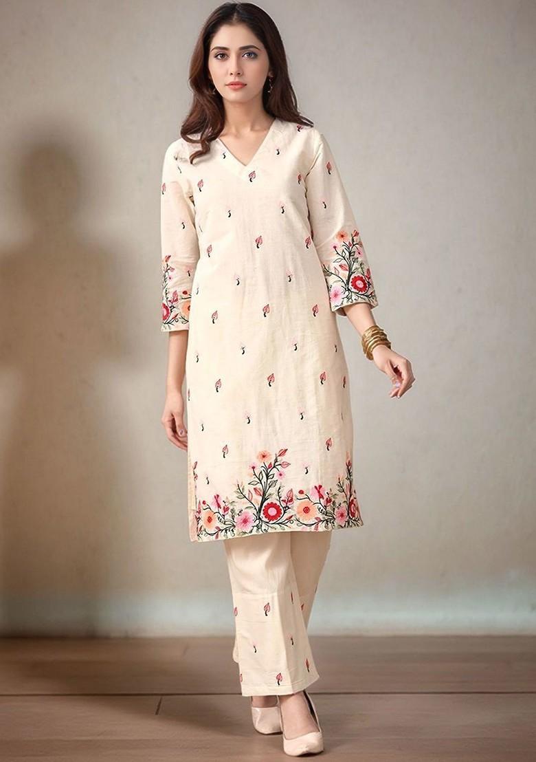 Off White Embroidered Blended Kurta Set - Indya