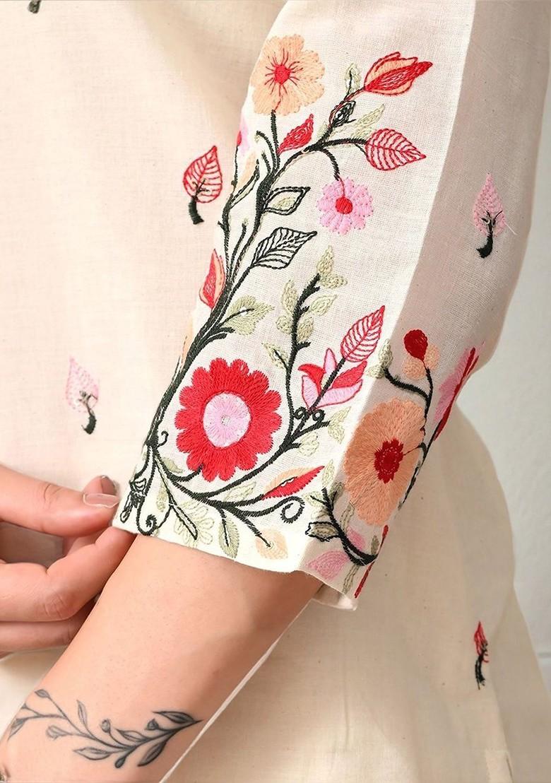 Off White Embroidered Blended Kurta Set - Indya