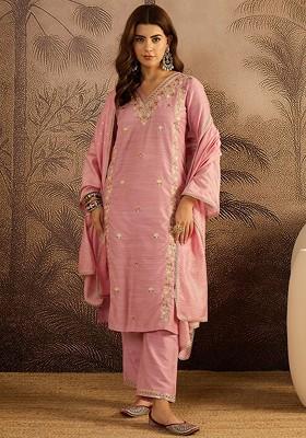 Pink Embroidered Blended Kurta Set