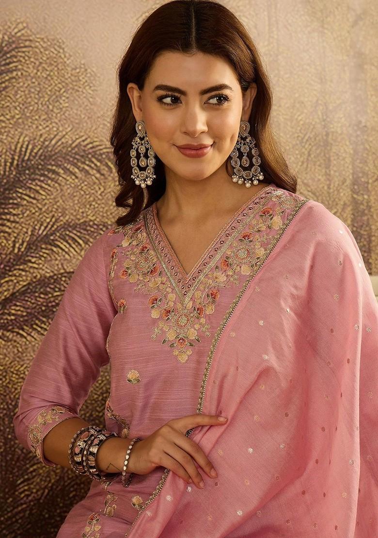 Pink Embroidered Blended Kurta Set - Indya