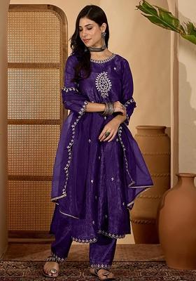 Purple Embroidered Blended Kurta Set
