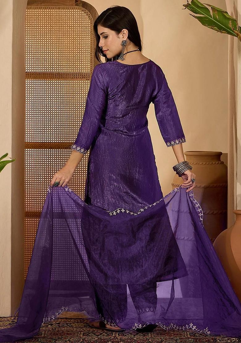 Purple Embroidered Blended Kurta Set - Indya