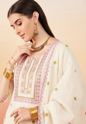 Off White Embroidered Blended Kurta Set