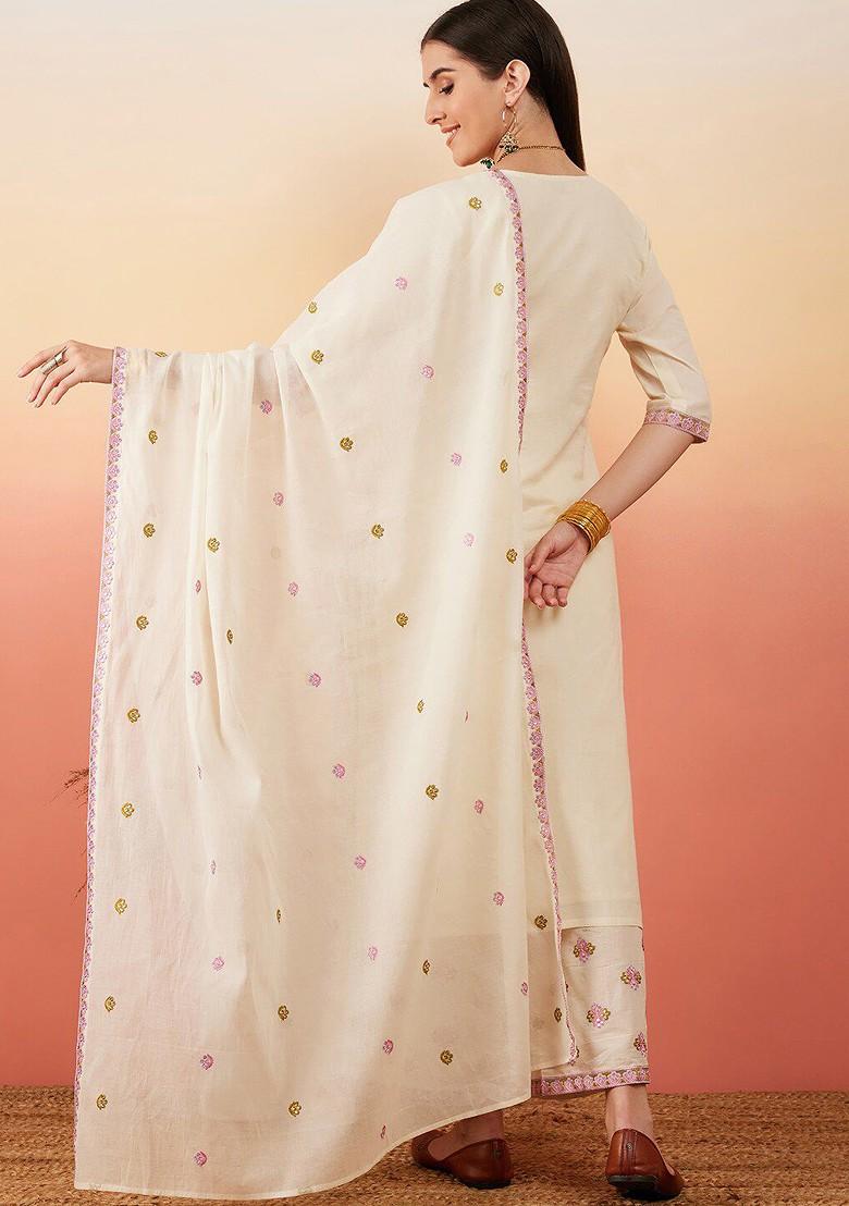 Off White Embroidered Blended Kurta Set - Indya