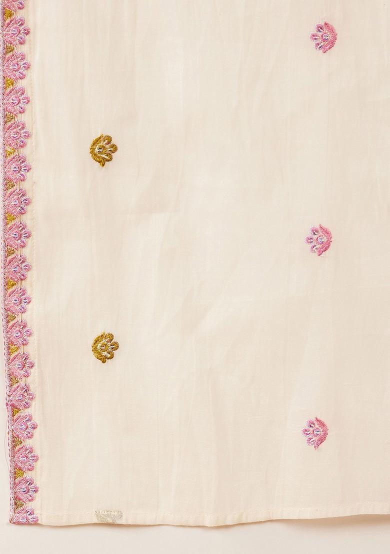 Off White Embroidered Blended Kurta Set - Indya