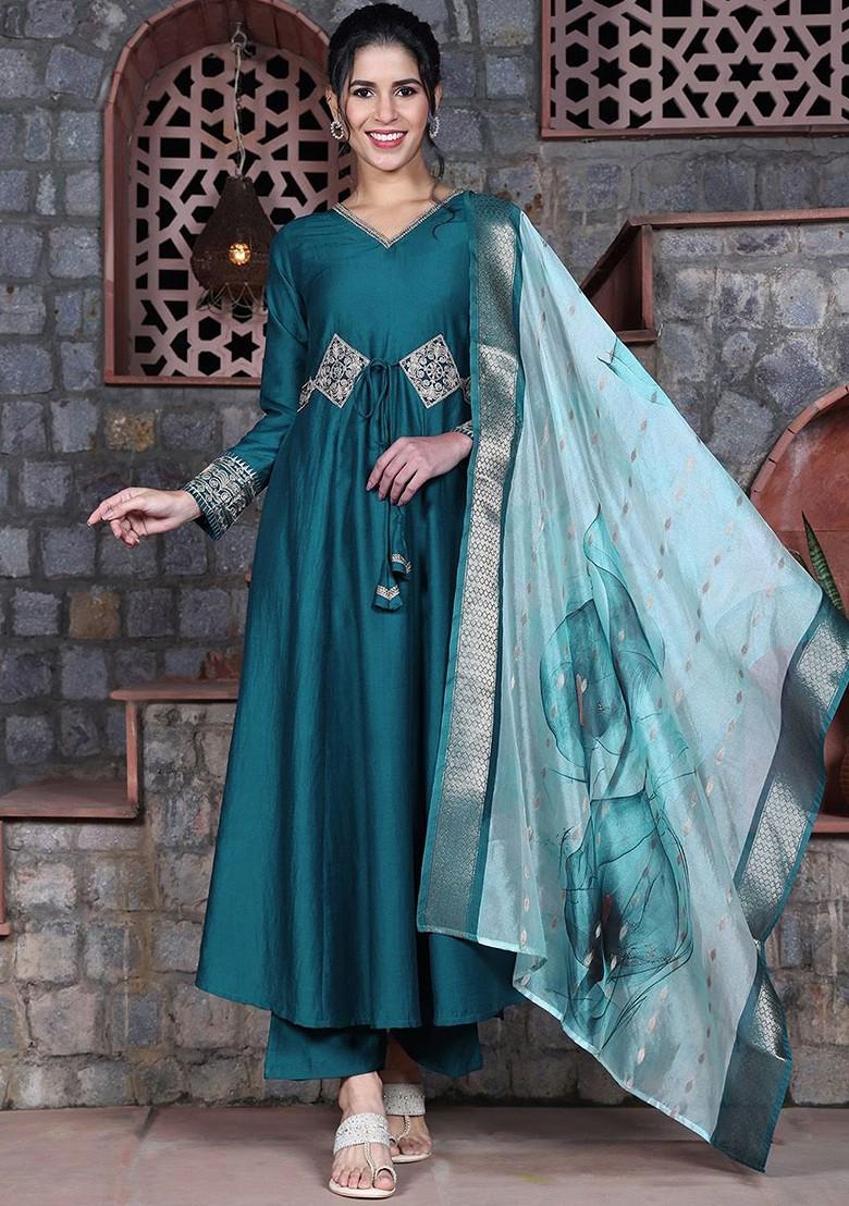 Teal Embroidered Blended Kurta Set - Indya