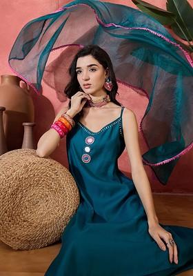 Teal Embroidered Blended Kurta Set