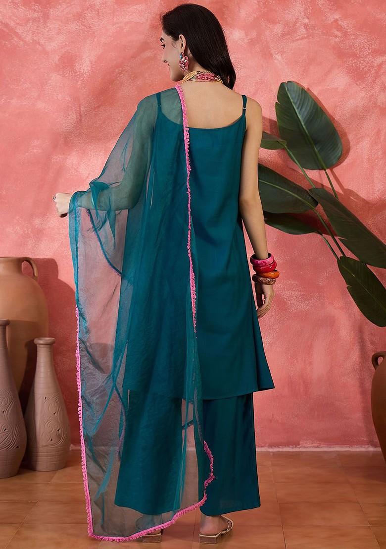 Teal Embroidered Blended Kurta Set - Indya