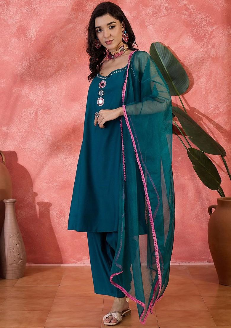 Teal Embroidered Blended Kurta Set - Indya