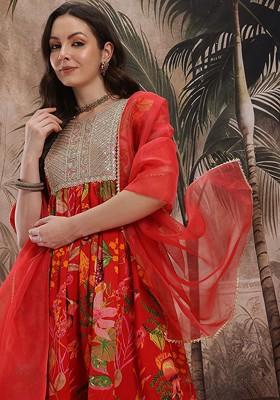 Orange Printed Blended Kurta Set