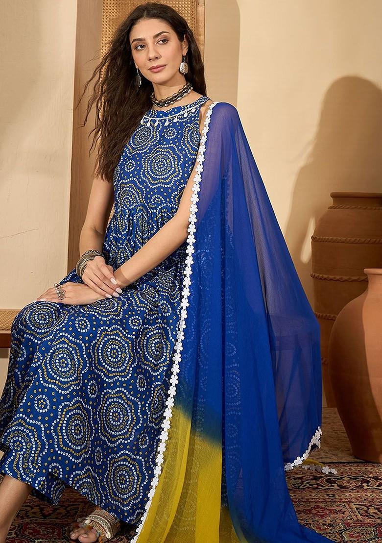 Blue Printed Blended Kurta Set - Indya