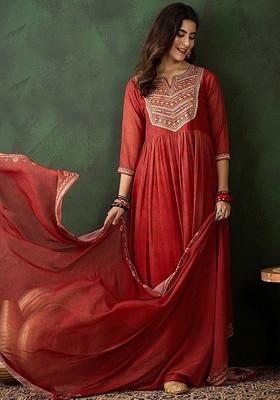 Orange Embroidered Blended Kurta Set