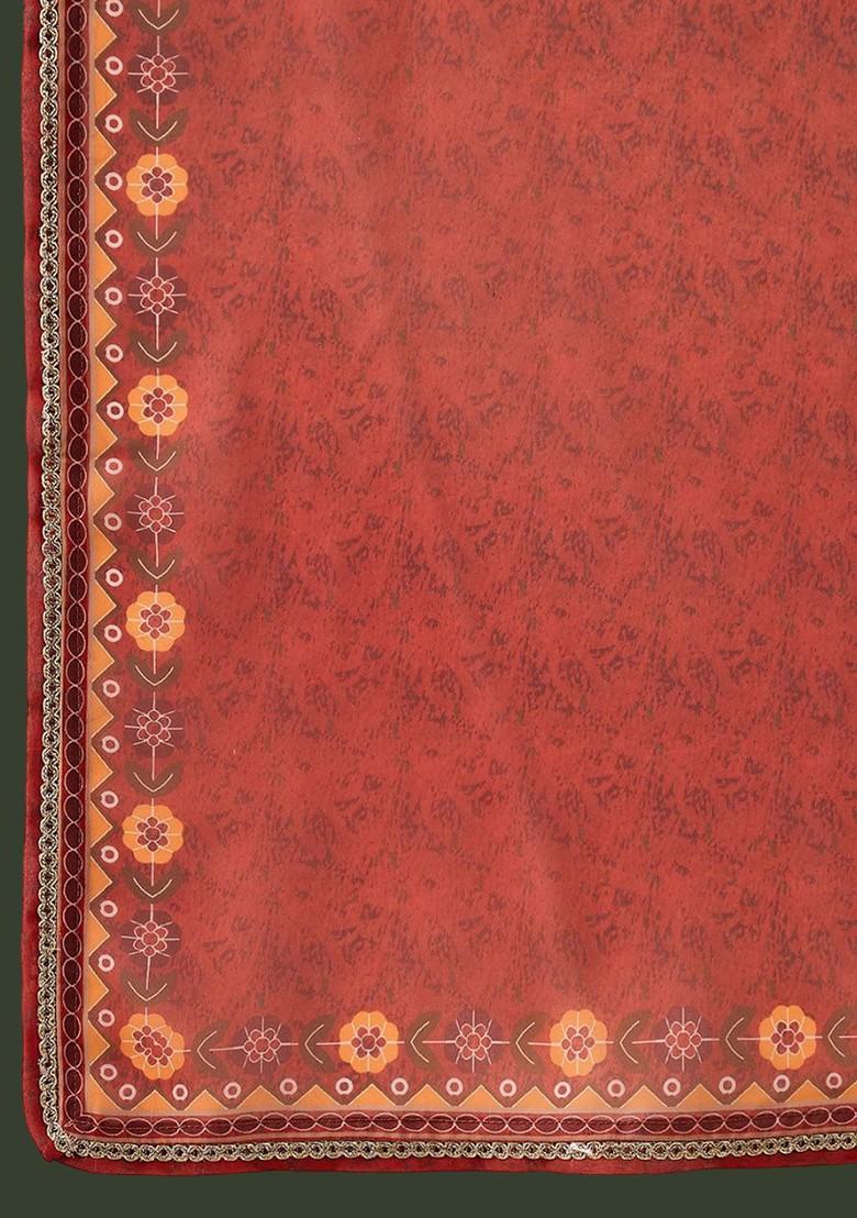 Orange Embroidered Blended Kurta Set - Indya