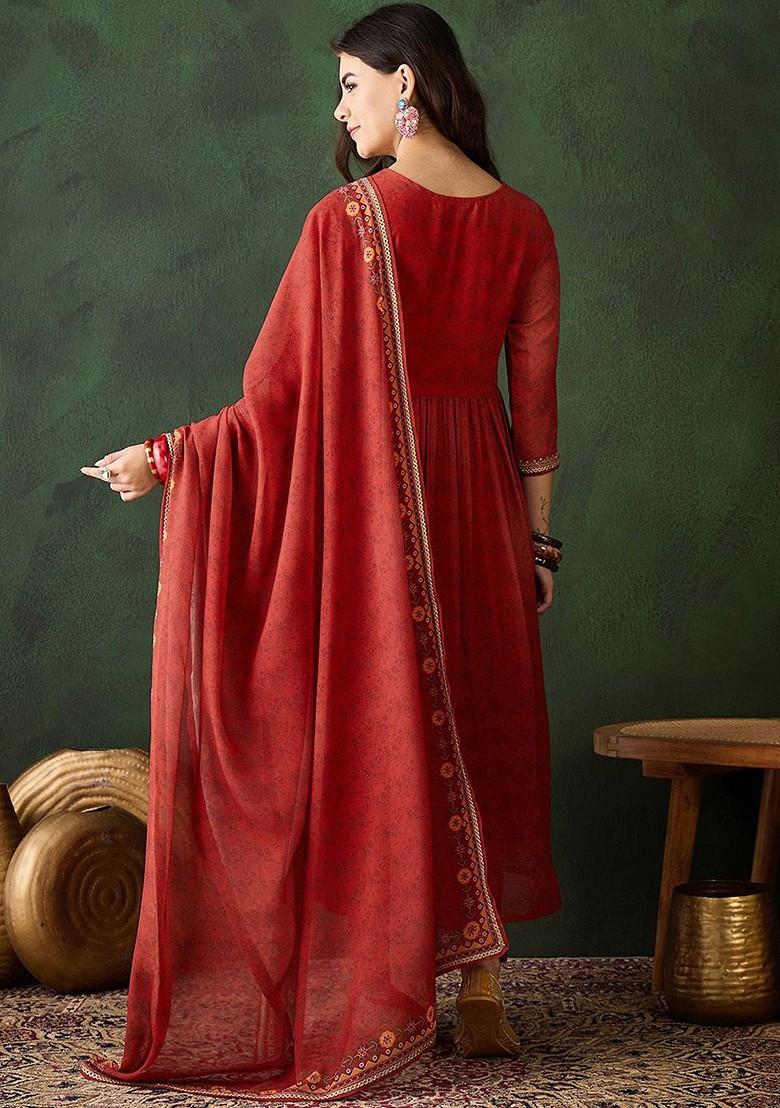 Orange Embroidered Blended Kurta Set - Indya