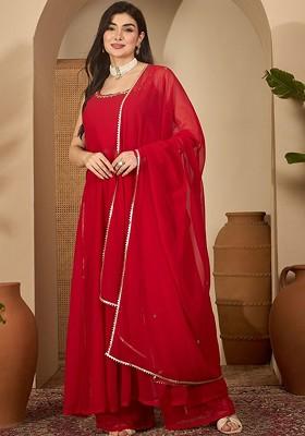 Red Sequinned Blended Kurta Set