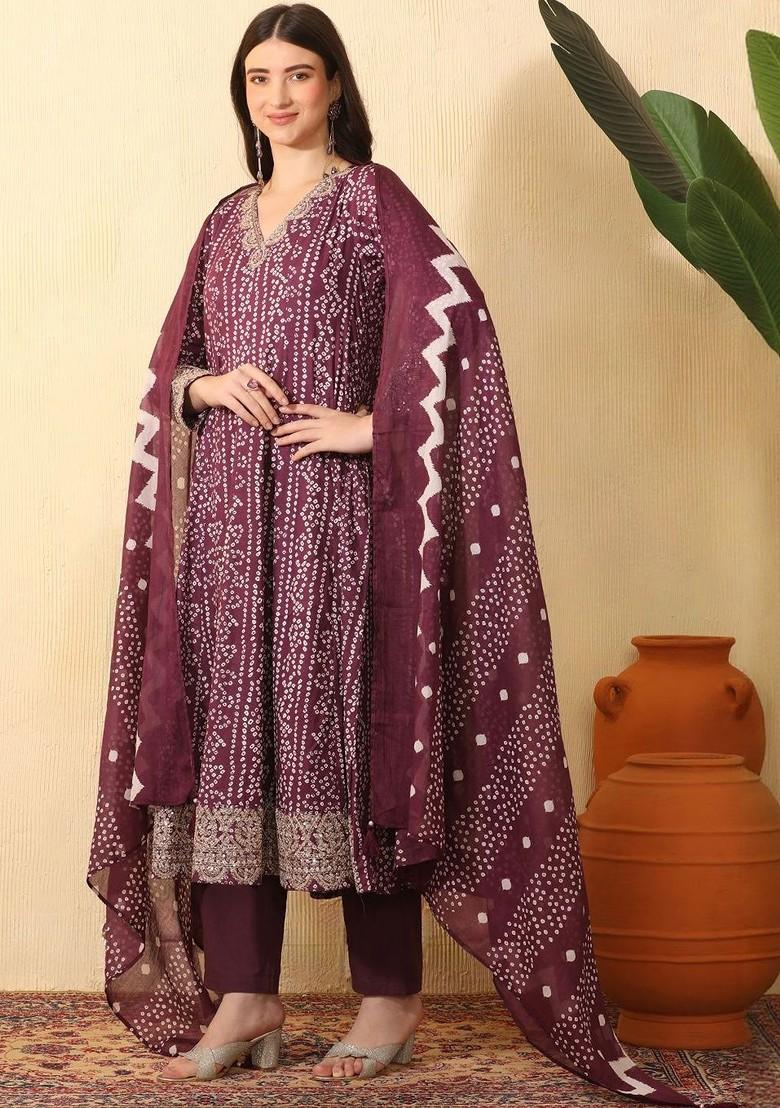 Maroon Printed Blended Kurta Set - Indya