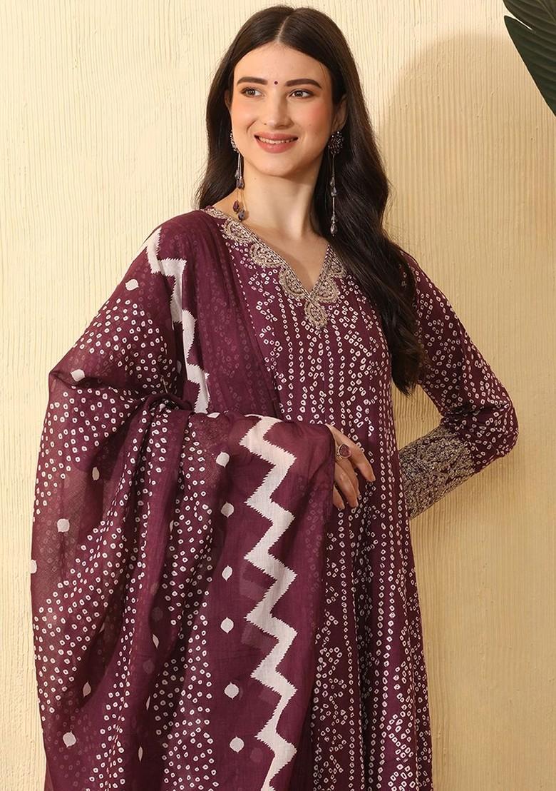 Maroon Printed Blended Kurta Set - Indya