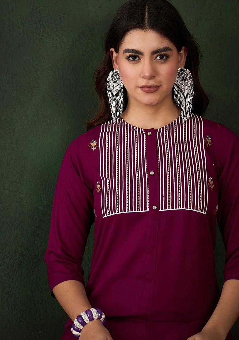 Fuchsia Printed Blended Kurta Set - Indya