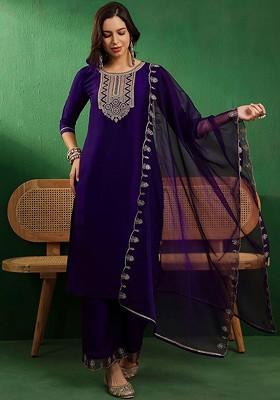 Purple Embroidered Blended Kurta Set