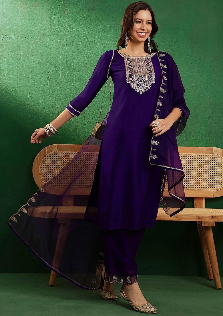 Purple Embroidered Blended Kurta Set - Indya