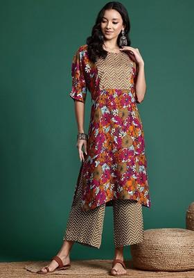 Pink Printed Blended Kurta Set