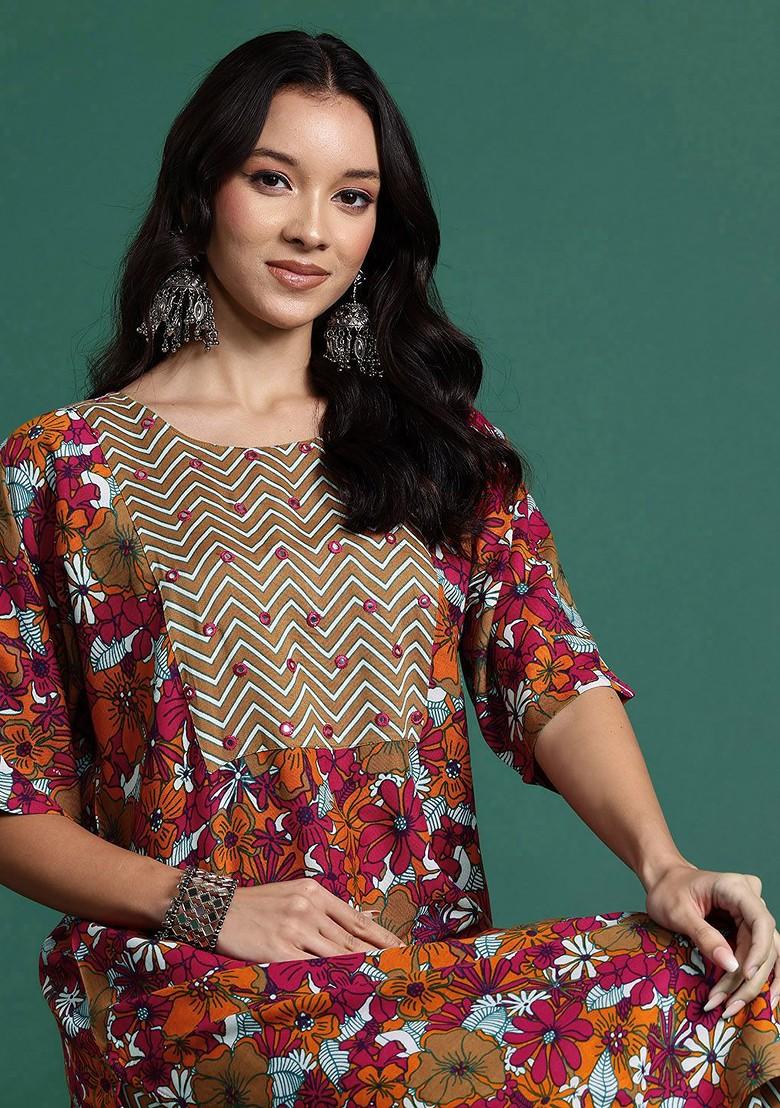 Pink Printed Blended Kurta Set - Indya