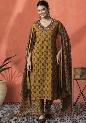 Mustard Printed Blended Kurta Set