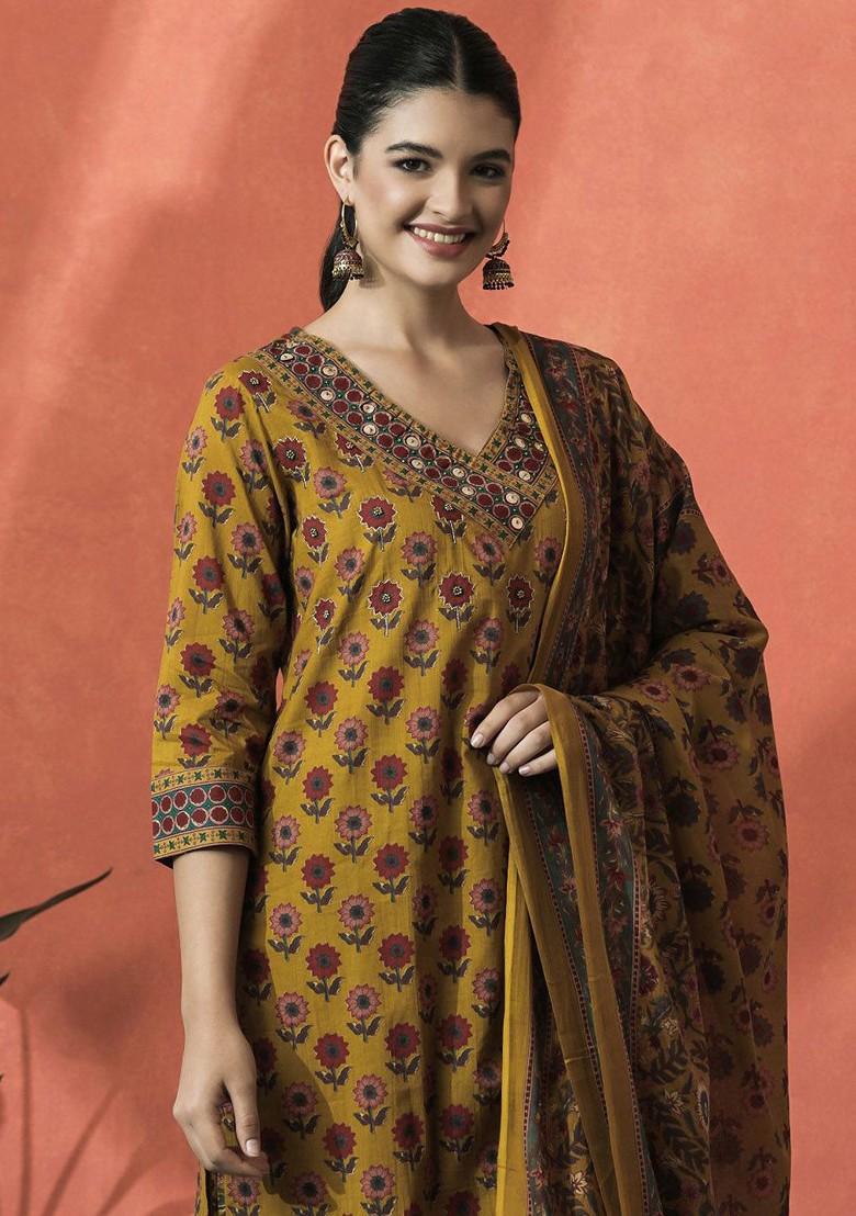 Mustard Printed Blended Kurta Set - Indya