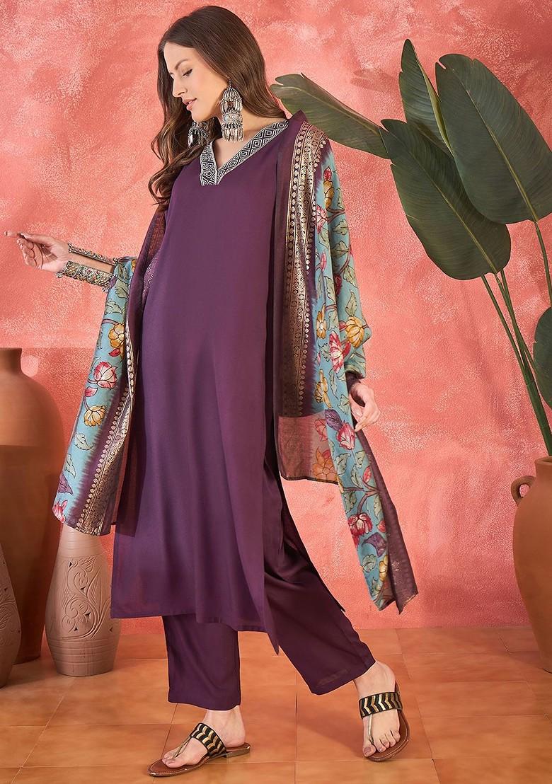 Pink Embroidered Blended Kurta Set - Indya