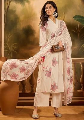 Cream Printed Blended Kurta Set