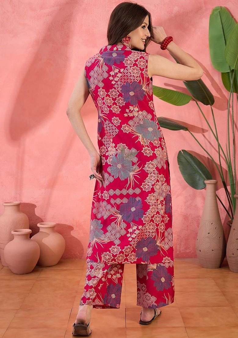 Pink Printed Blended Kurta Set - Indya