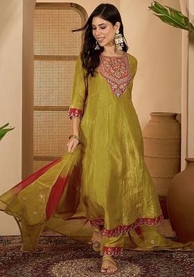 Lime Green Embroidered Blended Kurta Set