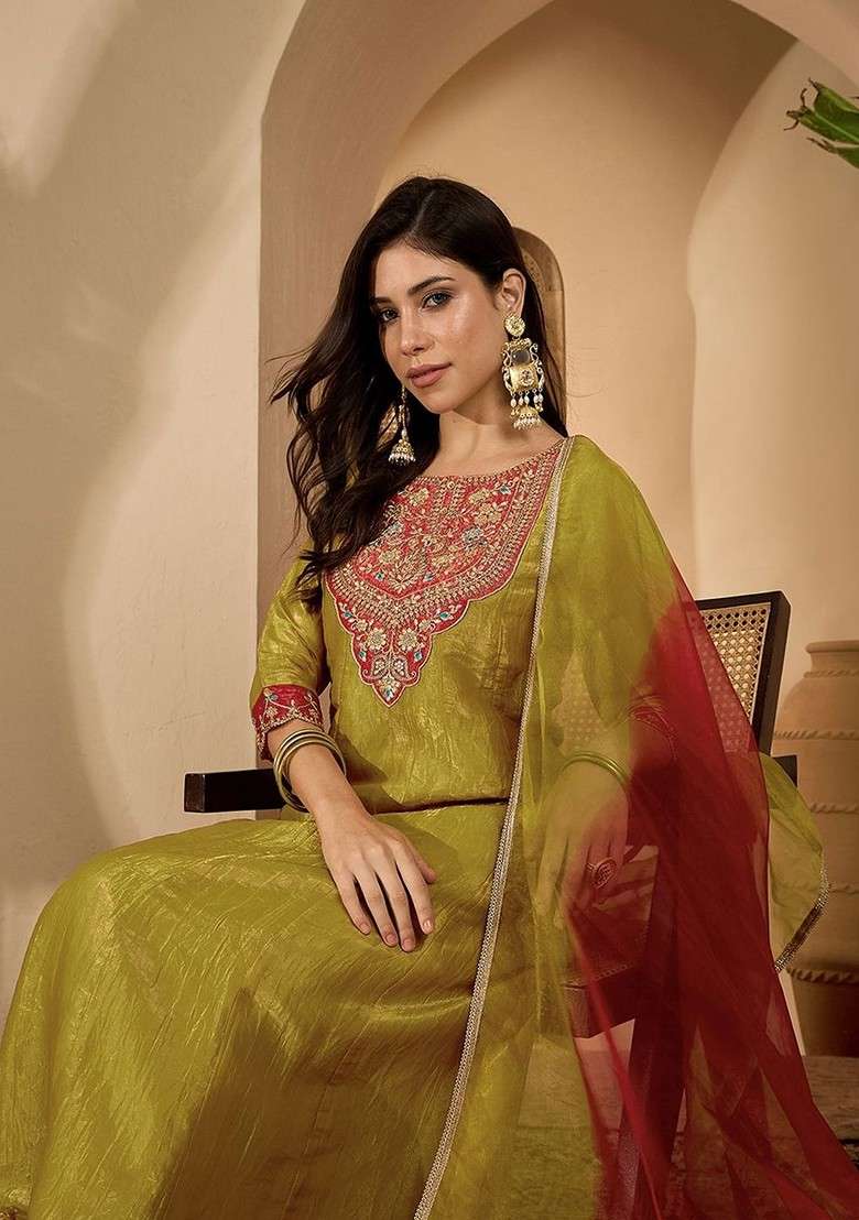 Lime Green Embroidered Blended A Line Kurta Set - Indya
