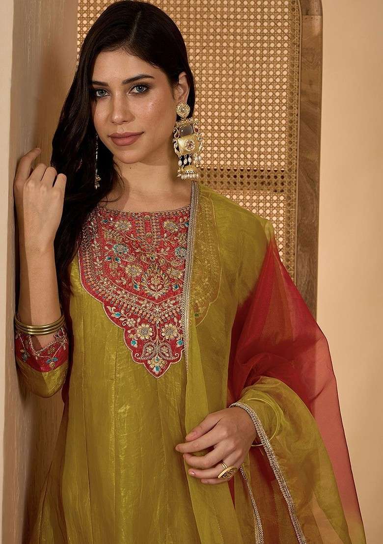 Lime Green Embroidered Blended A Line Kurta Set - Indya