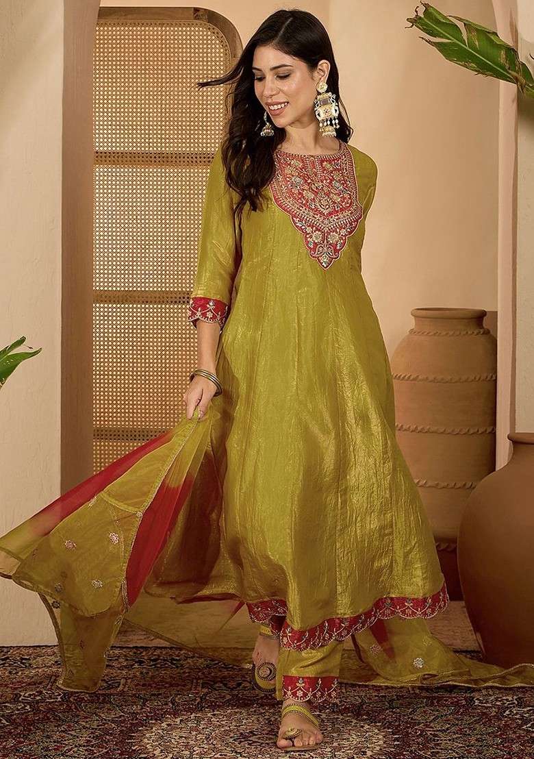 Lime Green Embroidered Blended A Line Kurta Set - Indya